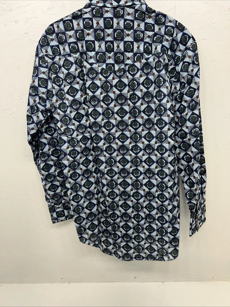 New Mens Blue Flower Denver Westerns Pearl Snap Long Sleeve Shirt. 15.5x33 G-75