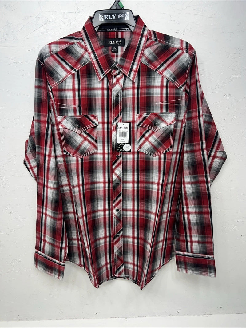New Men’s Red ELY 1878 Long Sleeve Pearl Snap Shirt. XL S-23