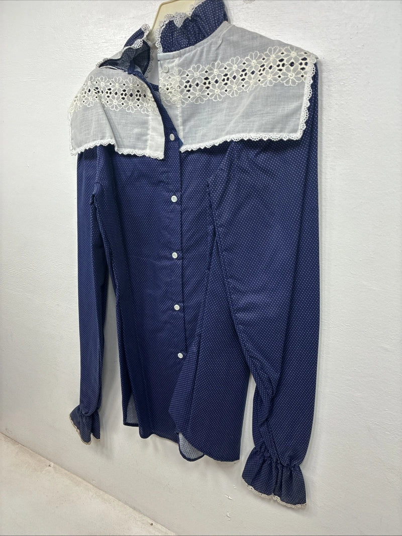 New Women’s Panhandle Slim Blue Polkadot Long Sleeve Button Up Size 32 3B-5