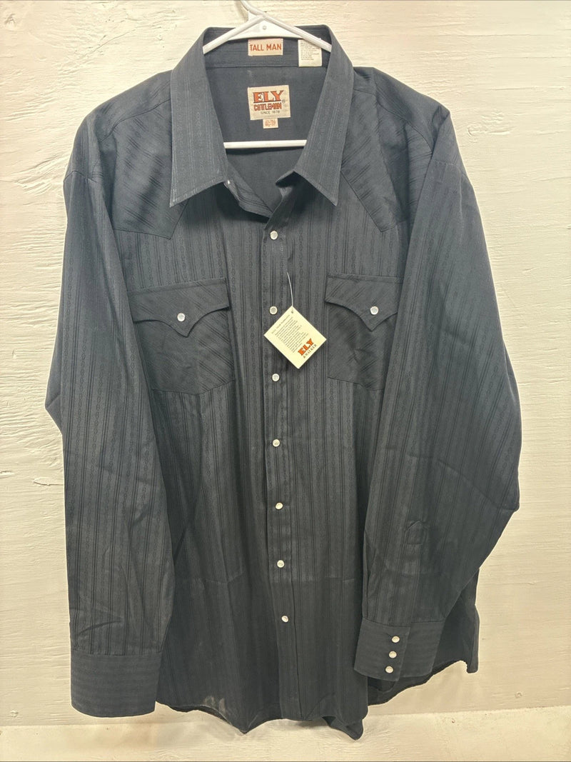 New Men’s ELY Cattleman Black Designed Long Sleeve Pearl Snap 18.5 2XL X-29