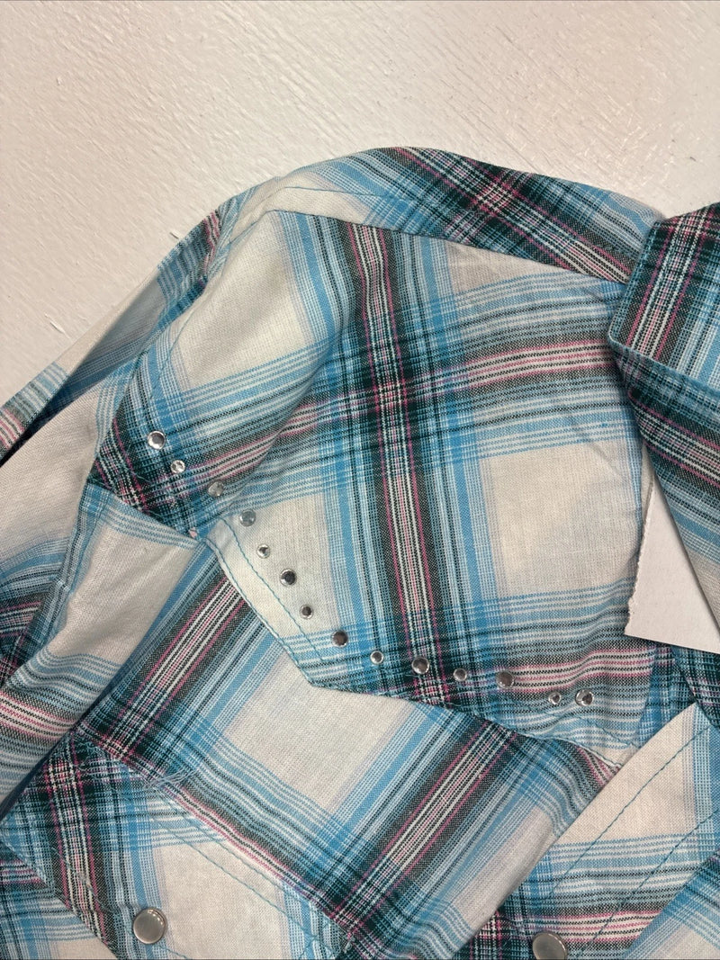 New Women’s Cumberland Blue Plaid Long Sleeve Pearl Snap XL  GG-79