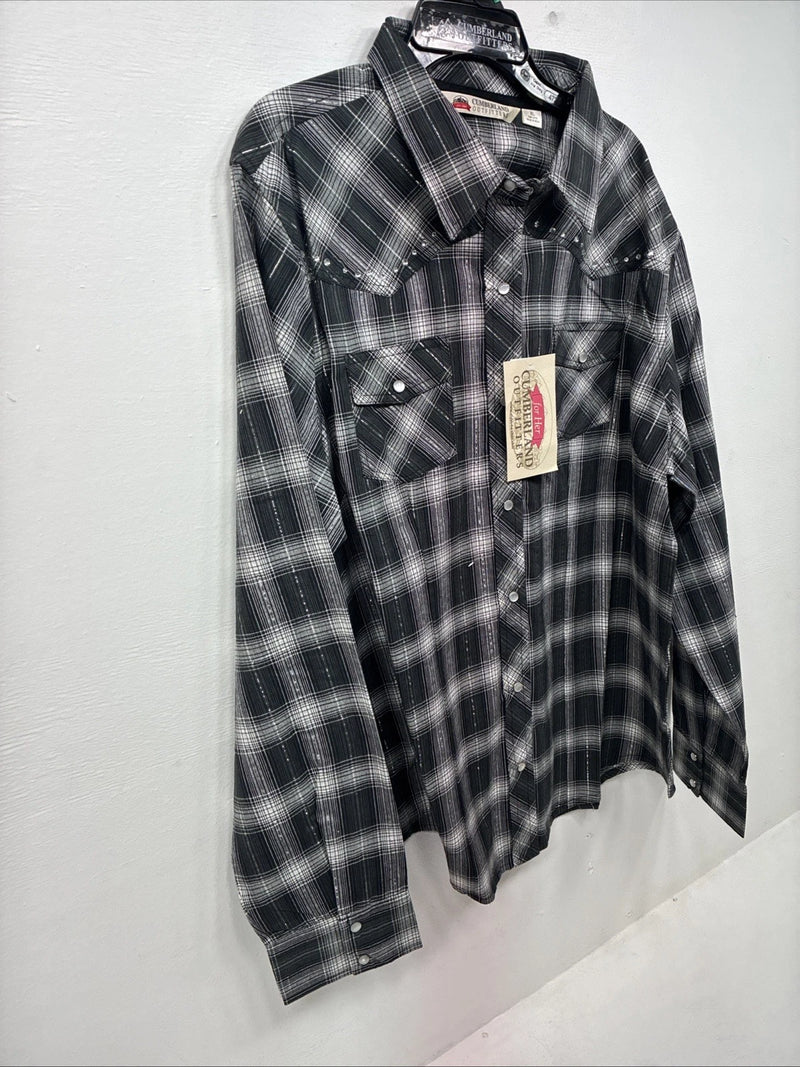New Women’s Cumberland Black Plaid Long Sleeve Pearl Snap XL II-15