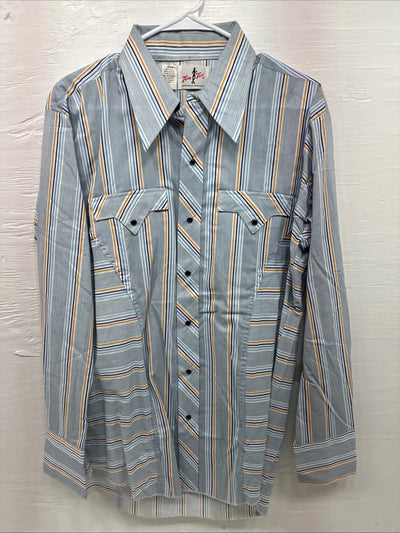 New Men’s Tem Tex Blue Yellow Stripe Long Sleeve Pearl Snap 16.5 Large V-23