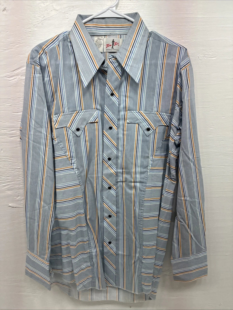 New Men’s Tem Tex Blue Yellow Stripe Long Sleeve Pearl Snap 16.5 Large V-23