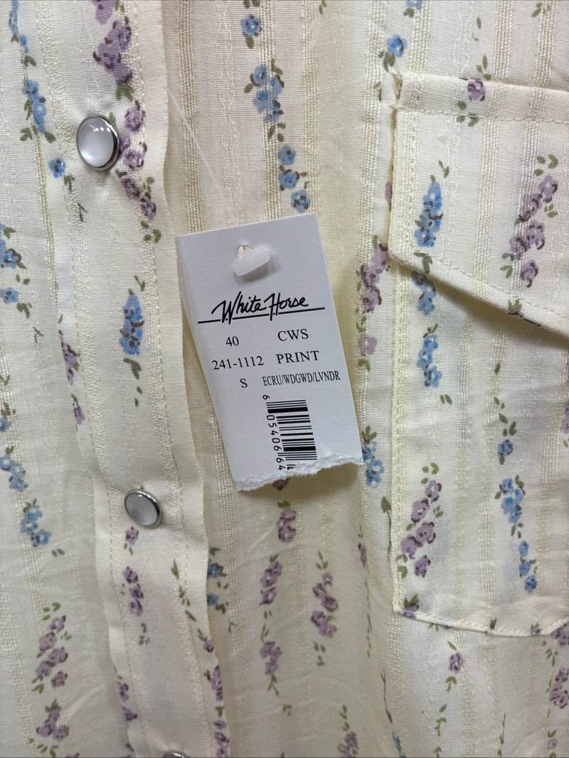 New Women’s White Horse Yellow Floral Long Sleeve Pearl Snap Small DD-47