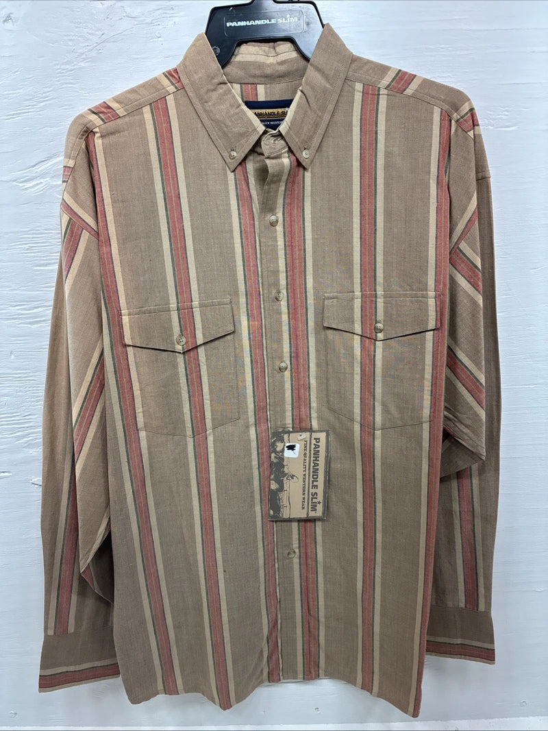 New Men’s Panhandle Slim Brown Red stripe Long Sleeve Button Up Large V-41