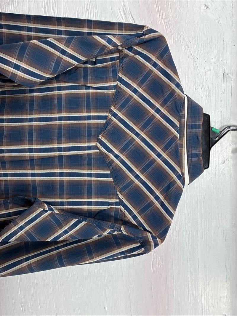 New Men’s ELY 1878 Blue Brown Plaid Long Sleeve Pearl Snap XL T-13