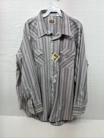 New Men’s ELY Cattleman Gray Stripe Long Sleeve Pearl Snap 18.5 X 35 2XL F-75