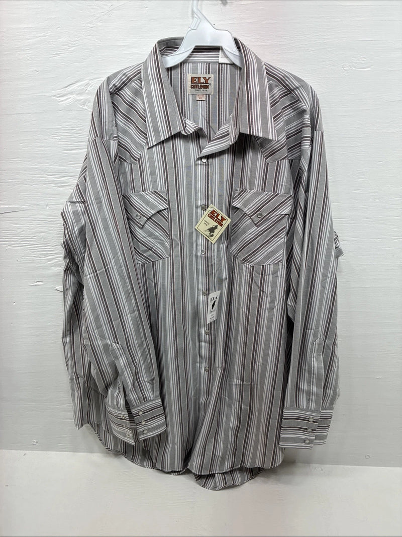 New Men’s ELY Cattleman Gray Stripe Long Sleeve Pearl Snap 18.5 X 35 2XL F-75