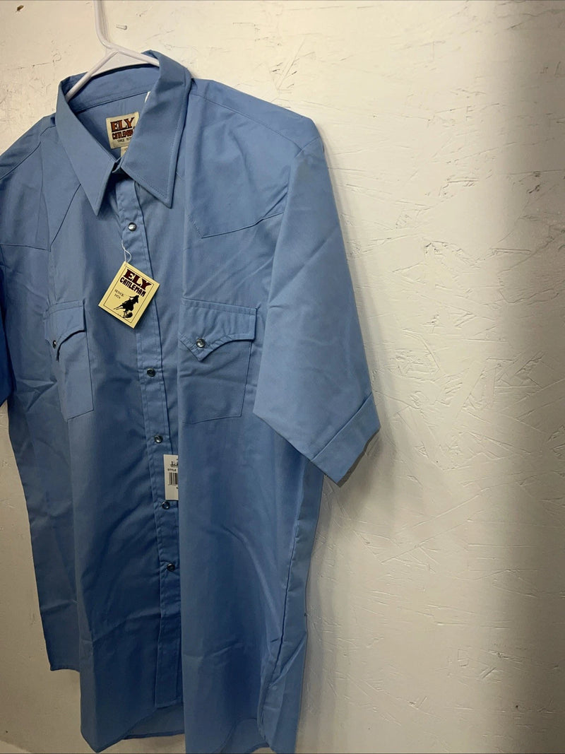 New Mens Blue ELY Cattleman Short Sleeve Pearl snap Shirt. 17 XL S-1