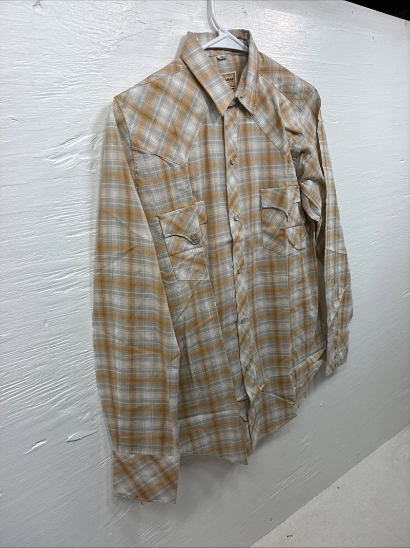 New Youths Karman Orange Gray Plaid Long Sleeve Pearl Snap Size 16 CC-66