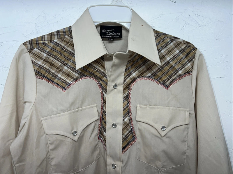 New Men’s Champion western Tan Long Sleeve Pearl Snap 14.5 X 33 Small A-191