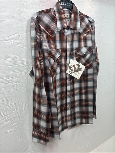 New Kids ELY Cattleman Orange Plaid Long Sleeve Pearl Snap Size 14 DD-38