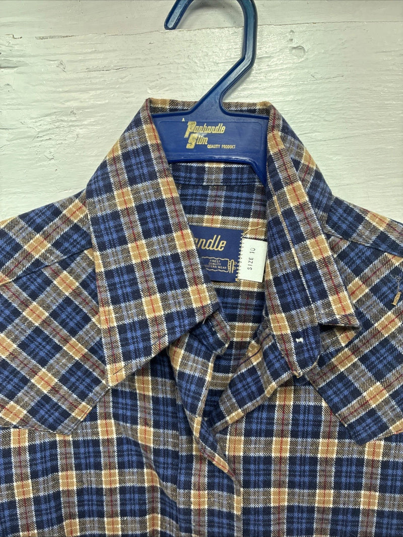New Kids Panhandle Slim Blue Gold Plaid Long Sleeve Pearl Snap Size 10 CC-81