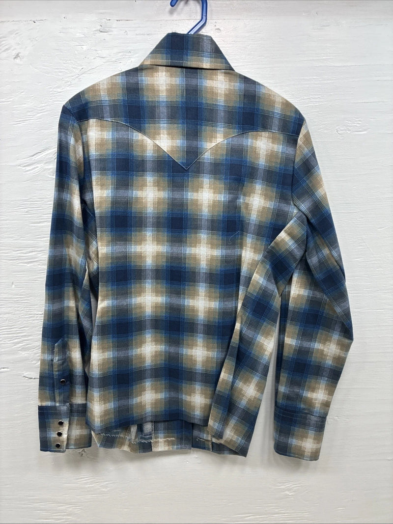 New Kids Panhandle Slim Blue Green Plaid Long Sleeve Pearl Snap Size 10 CC-83