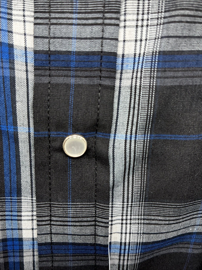 New Men’s ELY Cattleman Blue Black Plaid Long Sleeve Pearl Snap XL O-66