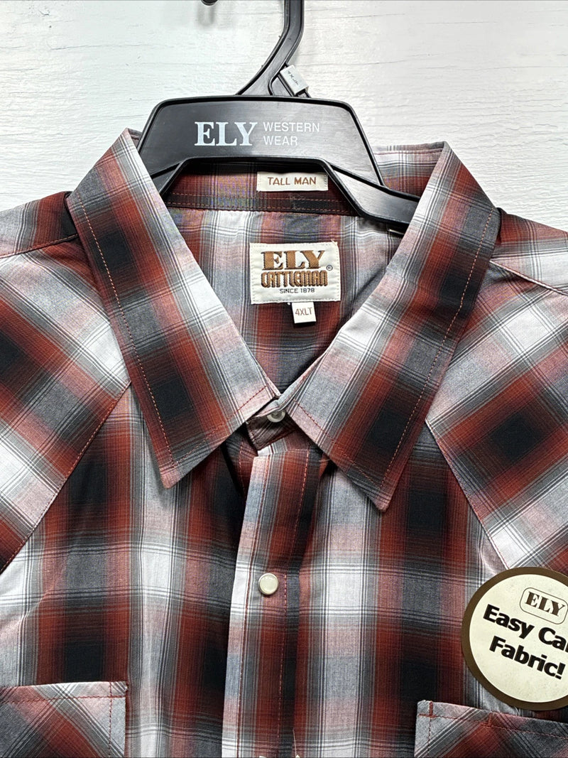 New Men’s ELY Cattleman Orange Red Flannel Short Sleeve Pearl Snap 4XL E-65