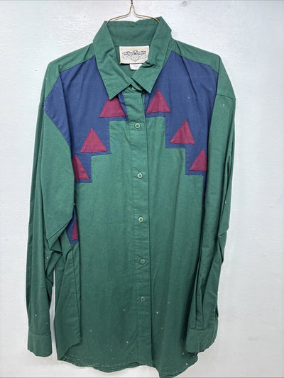 New Women’s San Angelo Green Design Long Sleeve Button Up Size Large TT-72