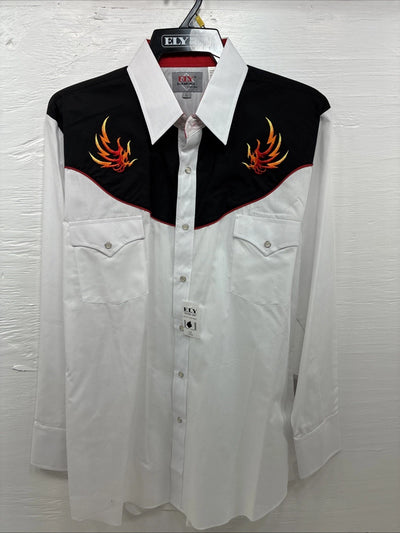 New Men’s ELY Diamond White Fire Design Long Sleeve Pearl Snap Large AA-15