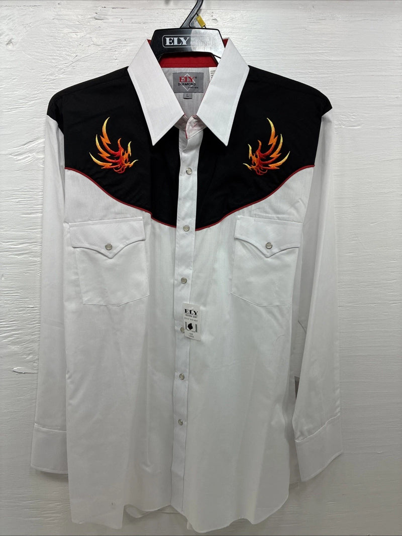 New Men’s ELY Diamond White Fire Design Long Sleeve Pearl Snap Large AA-15