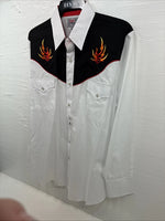 New Men’s ELY Diamond White Fire Design Long Sleeve Pearl Snap Large AA-15