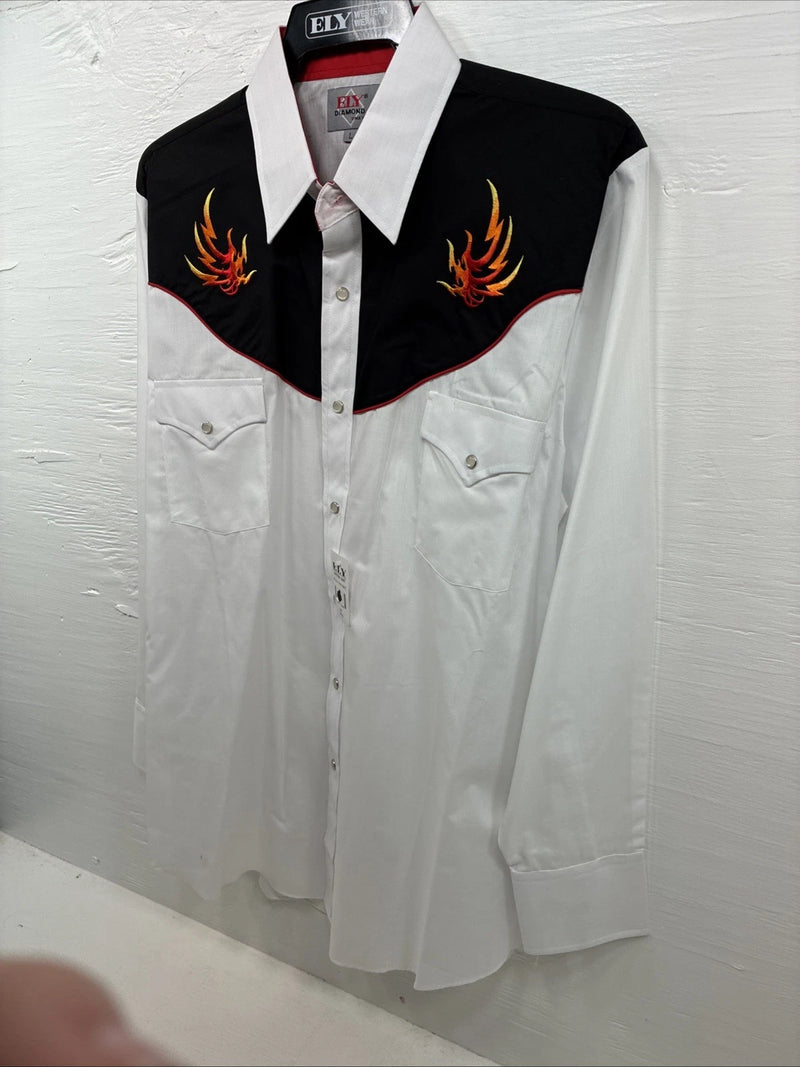 New Men’s ELY Diamond White Fire Design Long Sleeve Pearl Snap Large AA-15