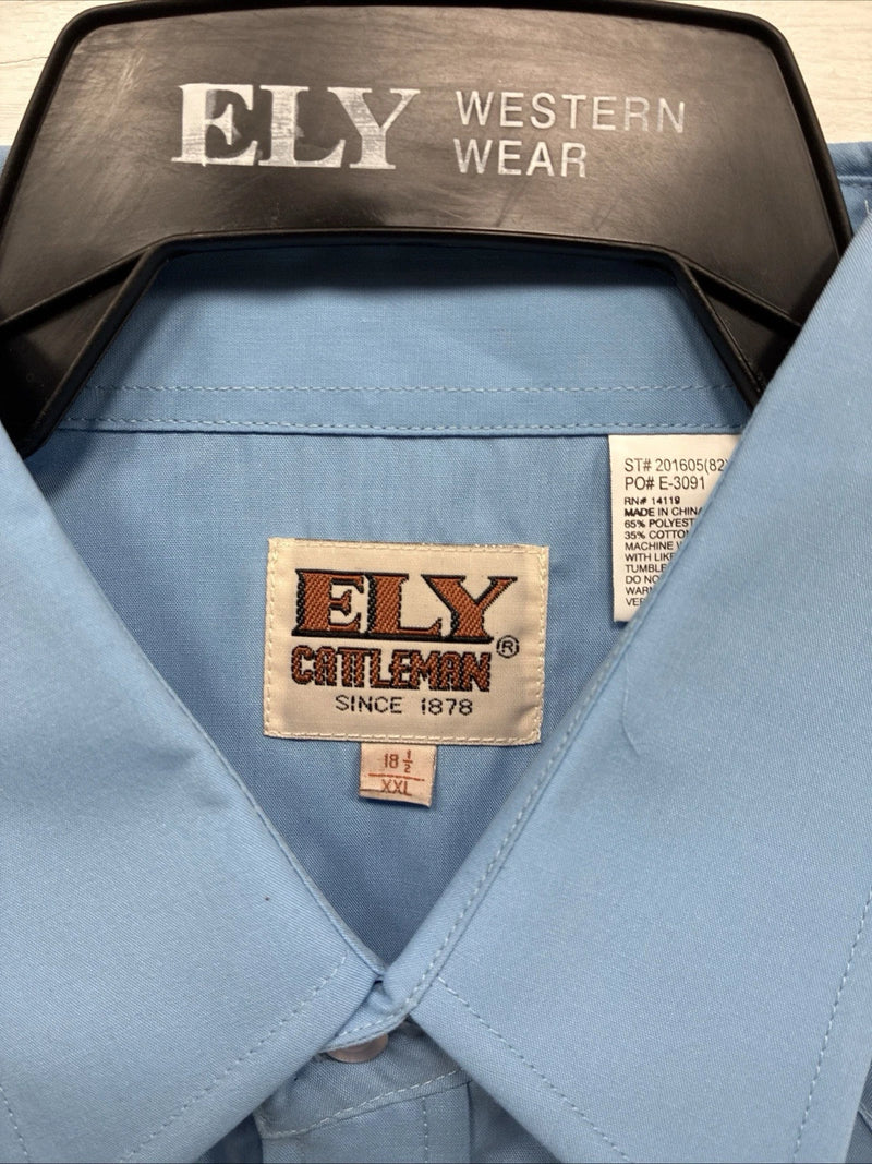 New Men’s ELY Cattleman Blue Short Sleeve Pearl Snap 18.5 2XL F-78