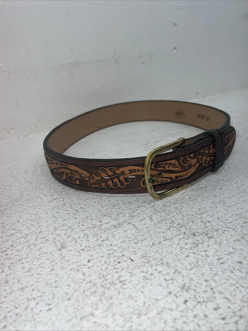 New Brown Genuine Leather Longhorn Tooled 30” Belt #82837 Z-13