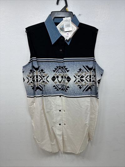 New Women’s Cumberland Blue Designed Sleeveless Pearl Snap Large MM-129