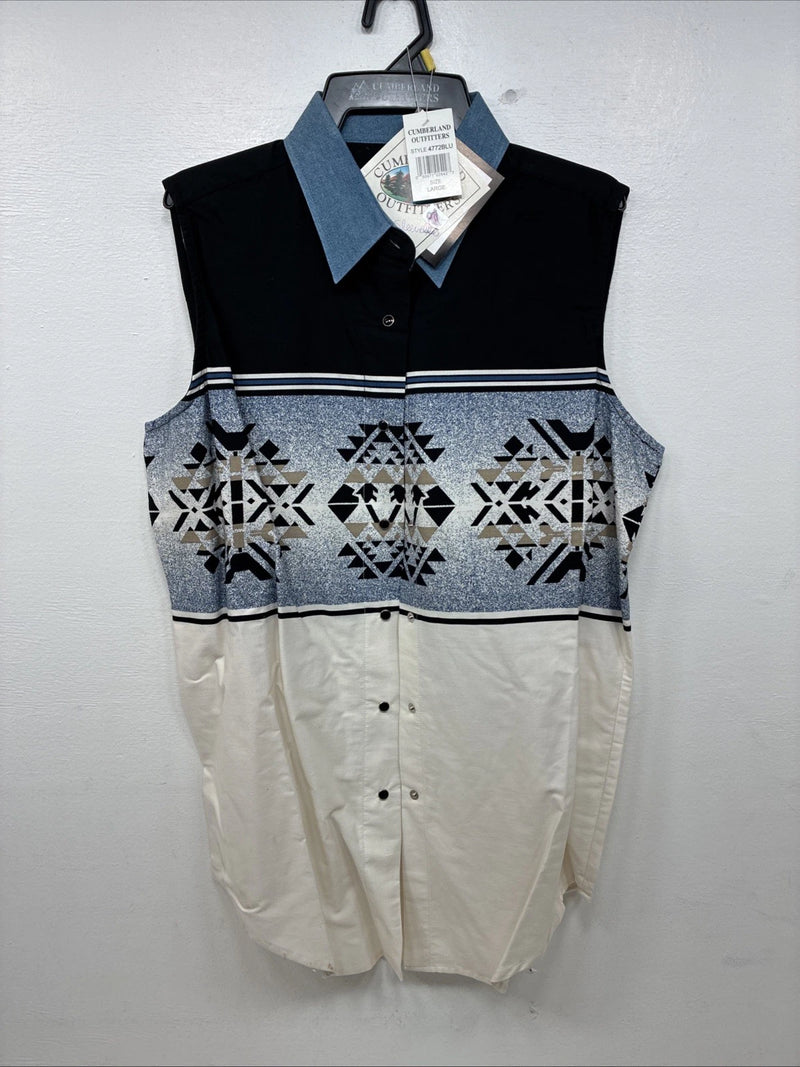 New Women’s Cumberland Blue Designed Sleeveless Pearl Snap Large MM-129