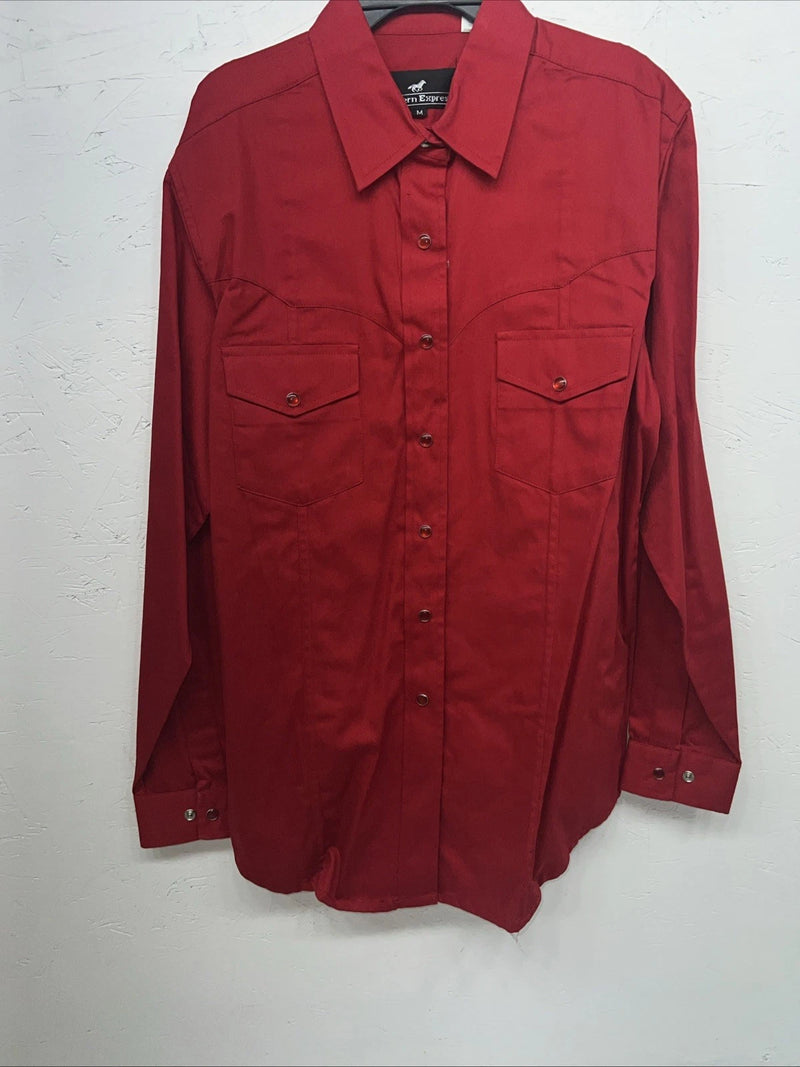 New Men’s Red Western Express Pearl Snap Long Sleeve Shirt. Medium I-37