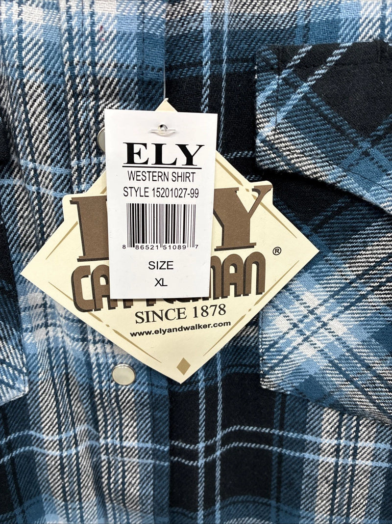 New Men’s ELY Cattleman Blue Black Plaid Long Sleeve Pearl Snap XL O-56
