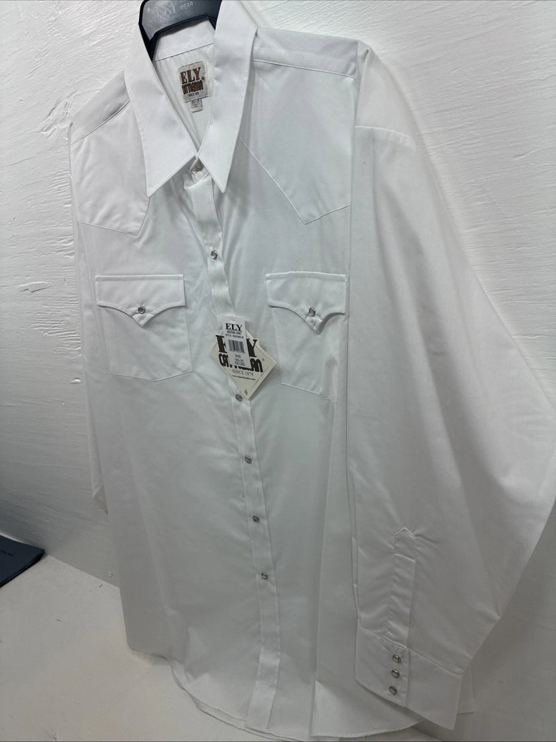 New Men’s ELY Cattleman White Long Sleeve Pearl Snap 19.5 2XL F-56