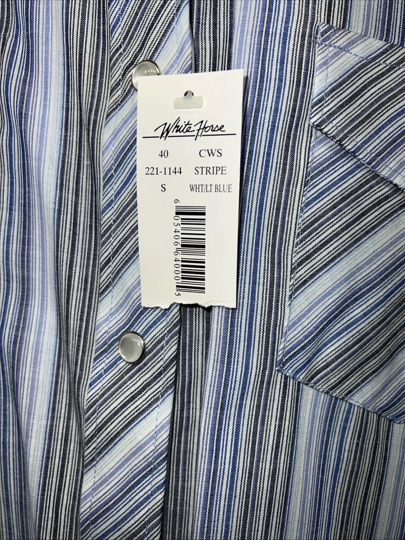 New Men’s White horse Blue Long Sleeve Pearl Snap Small A-193