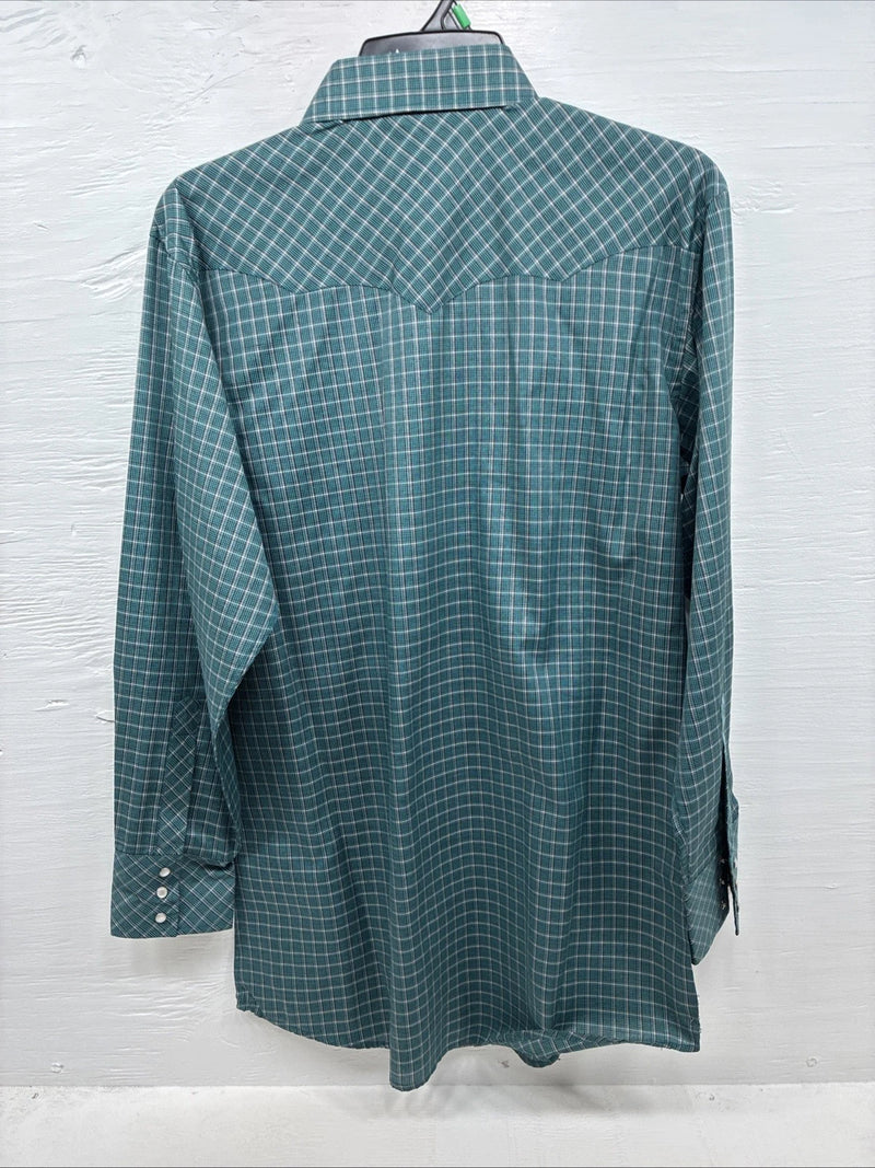 New Men’s White Horse Green Plaid Long Sleeve Pearl Snap Medium K-43