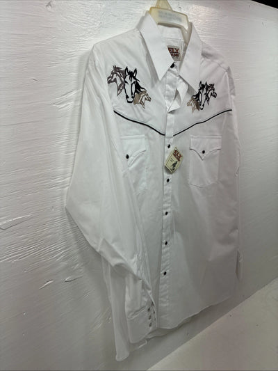 New Men’s ELY Cattleman White Horse Design Long Sleeve Pearl Snap Large X-23