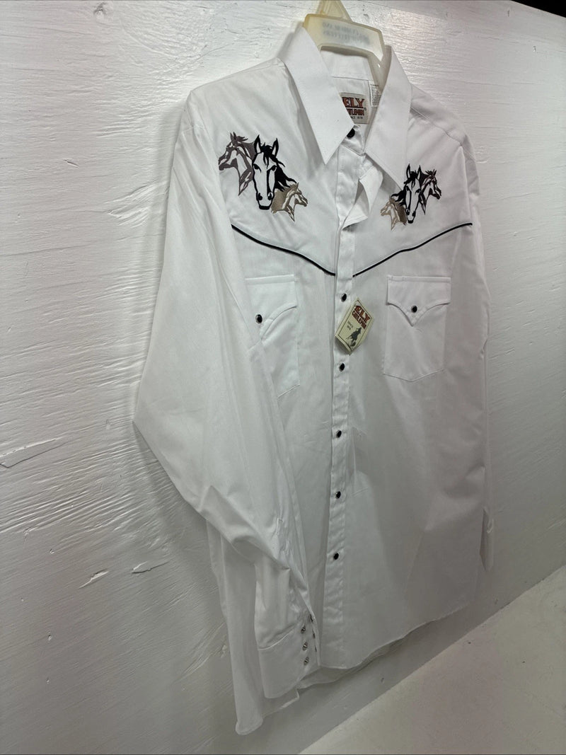 New Men’s ELY Cattleman White Horse Design Long Sleeve Pearl Snap Large X-23