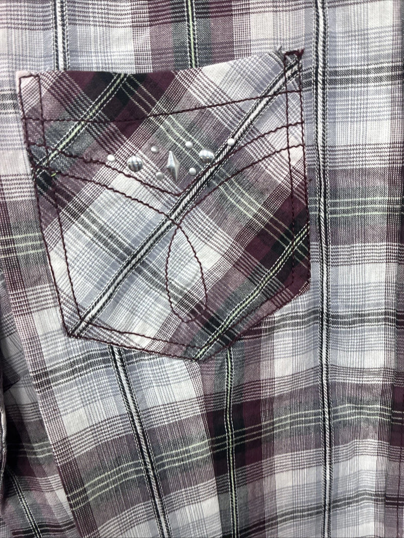New Women’s Cumberland Purple Plaid Long Sleeve Pearl Snap 1XL KK-79