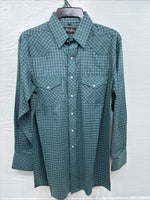 New Men’s White Horse Green Plaid Long Sleeve Pearl Snap Medium K-43