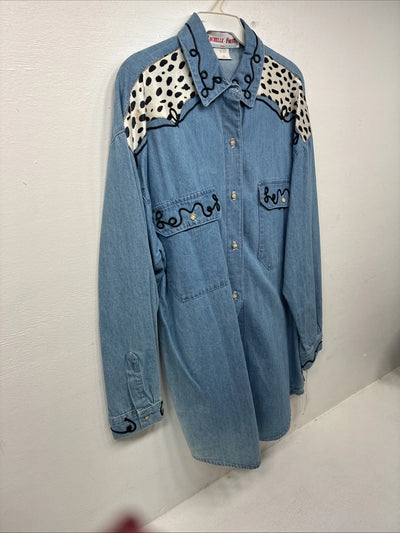 New Women’s Rochelle Forest Blue Jean Long Sleeve Button Up Small LL-33