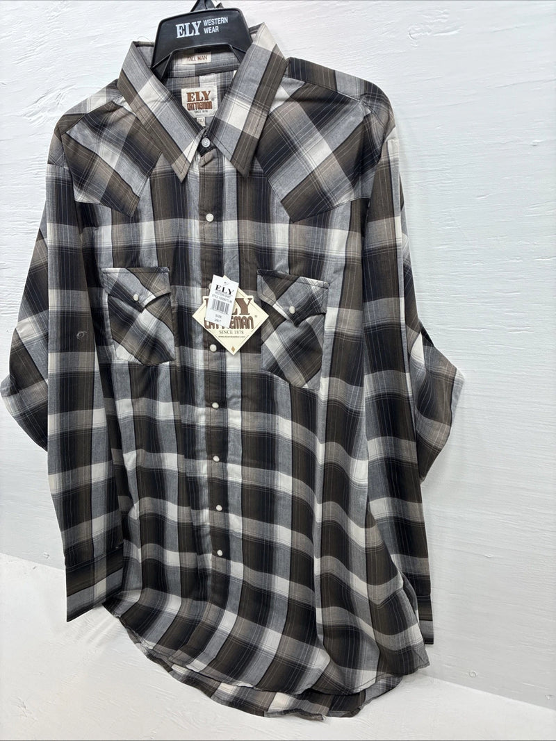 New Men’s ELY Cattleman Brown Flannel Long Sleeve Pearl Snap 2XL F-92