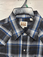 New Men’s ELY Cattleman Blue Black Plaid Long Sleeve Pearl Snap XL O-66