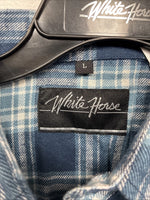 New Men’s White Horse Blue Plaid Long Sleeve Pearl Snap Large V-51