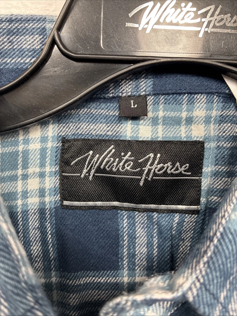 New Men’s White Horse Blue Plaid Long Sleeve Pearl Snap Large V-51