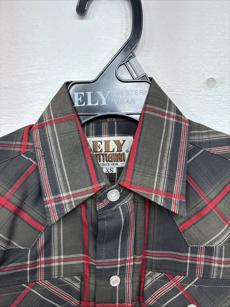 New Boys ELY Cattleman Green Plaid Long Sleeve Pearl Snap XS DD-128
