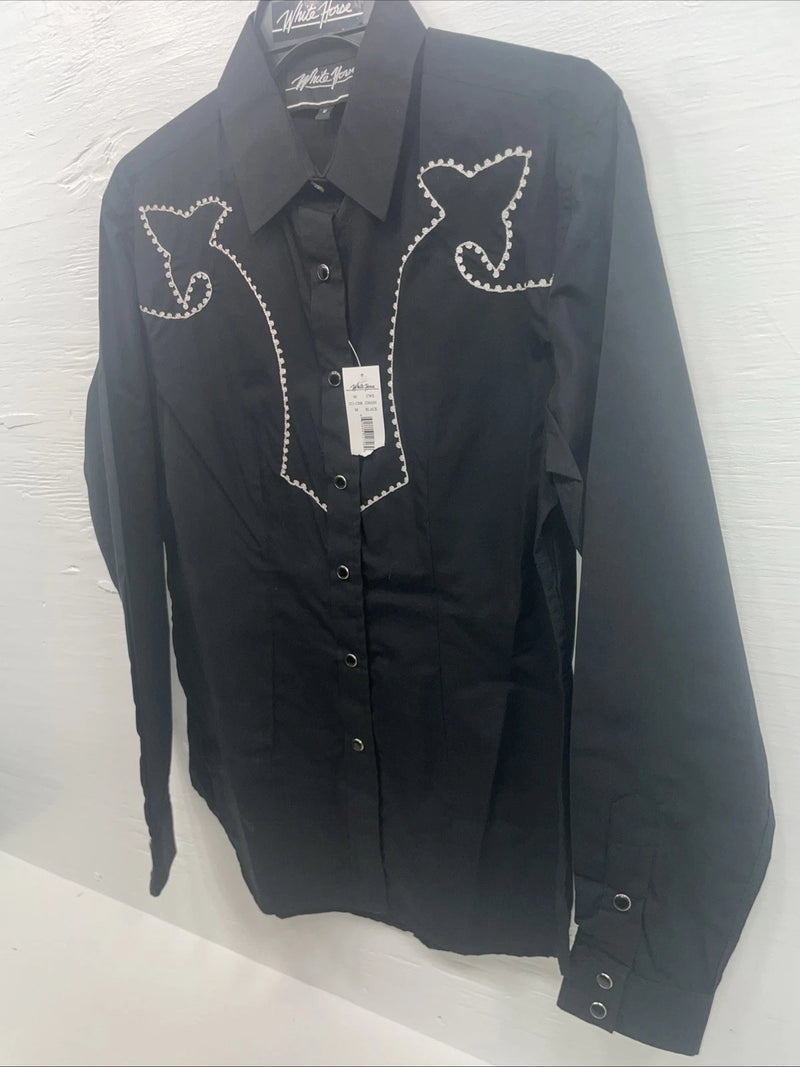 New Men’s White Horse Black Long Sleeve Pearl Snap Medium B-101