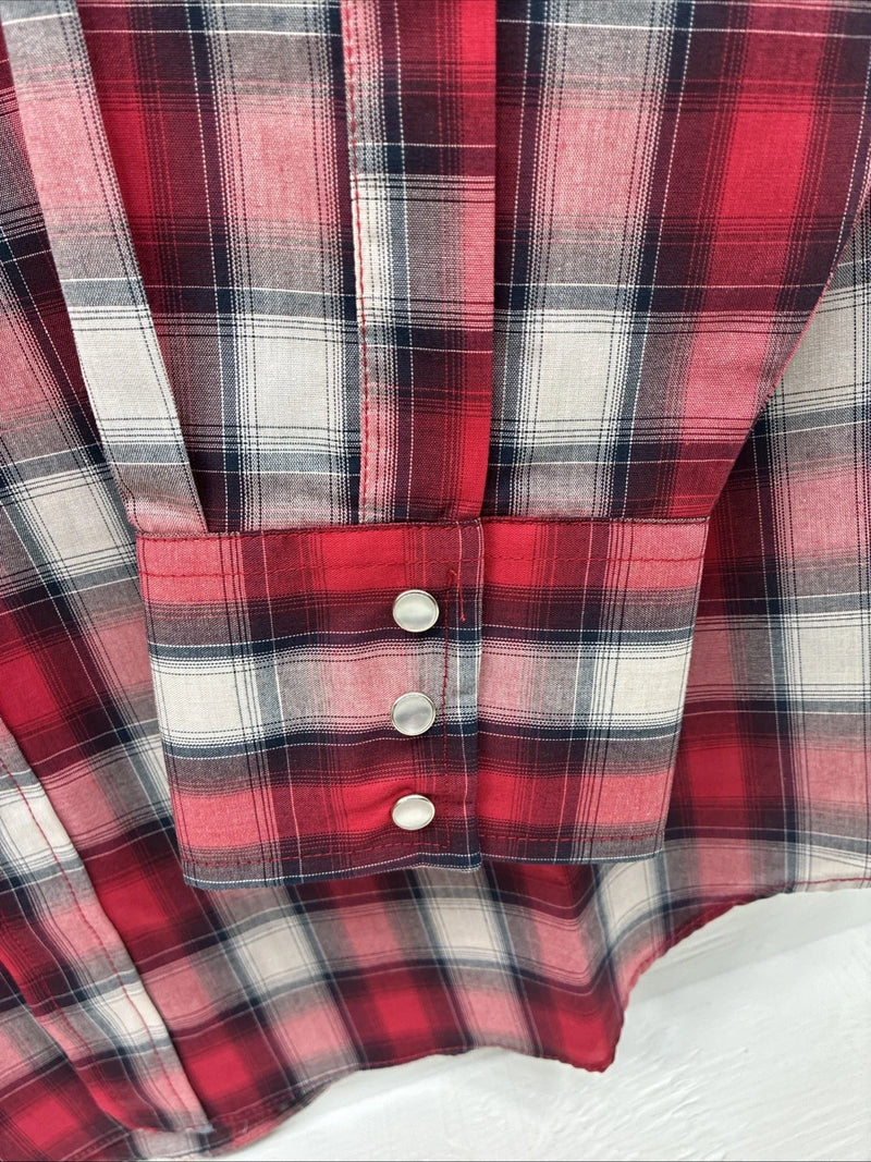 New Men’s ELY Cattleman Red Gray Plaid Long Sleeve Pearl Snap XLT T-7
