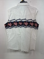 New Women’s Cumberland White Flag Design Short Sleeve Pearl Snap Large II-67