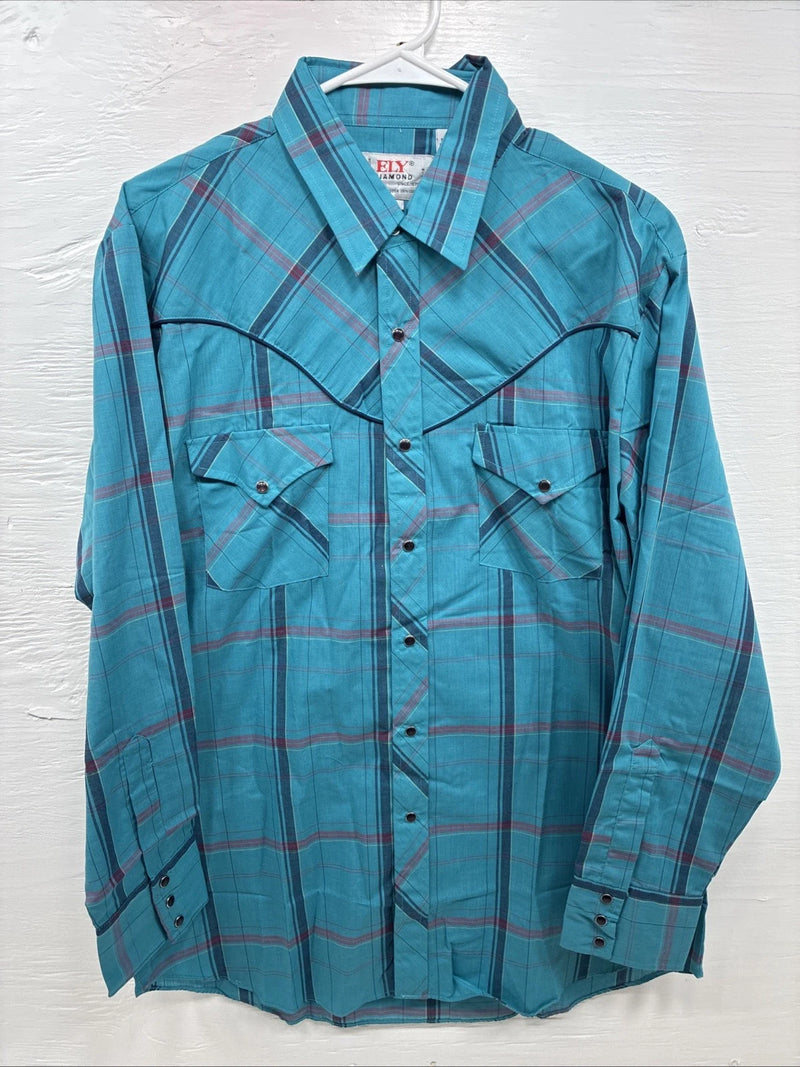 New Men’s ELY Diamond Blue Plaid Long Sleeve Pearl Snap Large X-73