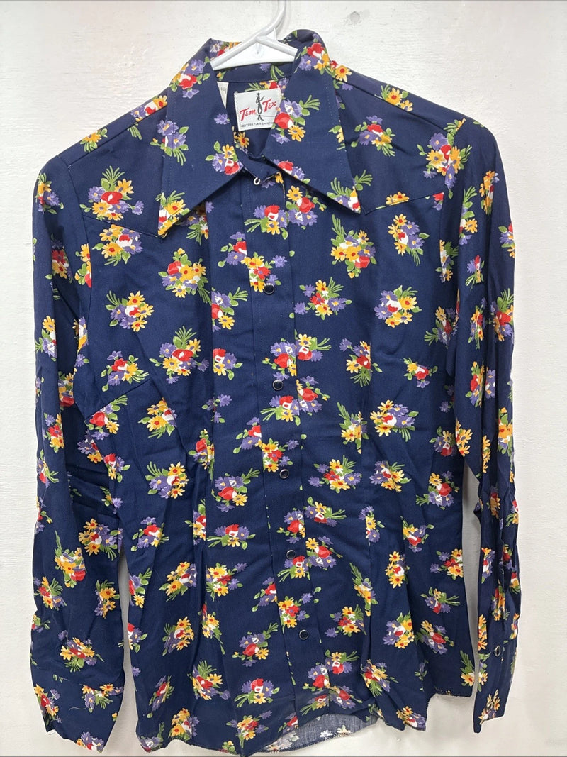 New Women’s Tem Tex Blue Floral Long Sleeve Pearl Snap Size 36 LL-17